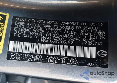 2013 Lexus Es 300H z USA, uszkodzony, nr VIN JTHBW1GG5D2037991